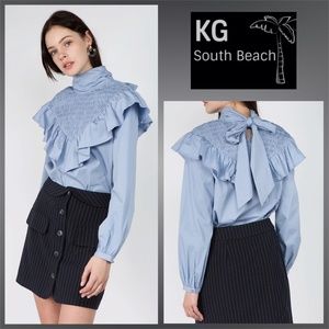 KGSB COLLECTION Victorian Style Blouse Smocked & Ruffled Bus W/Large Tie at Nape